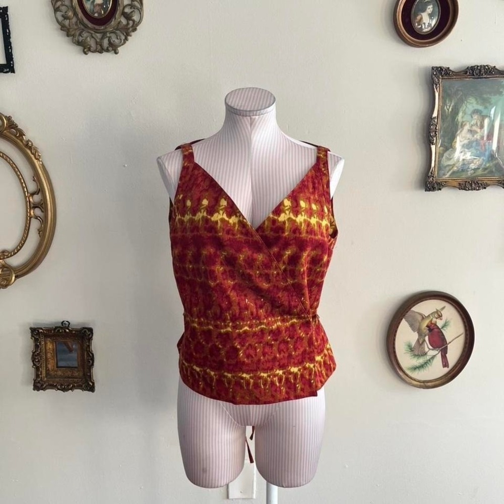 Lafayette 148 New York Silk Wrap Top – Red & Gold Abstract Sleeveless Blouse